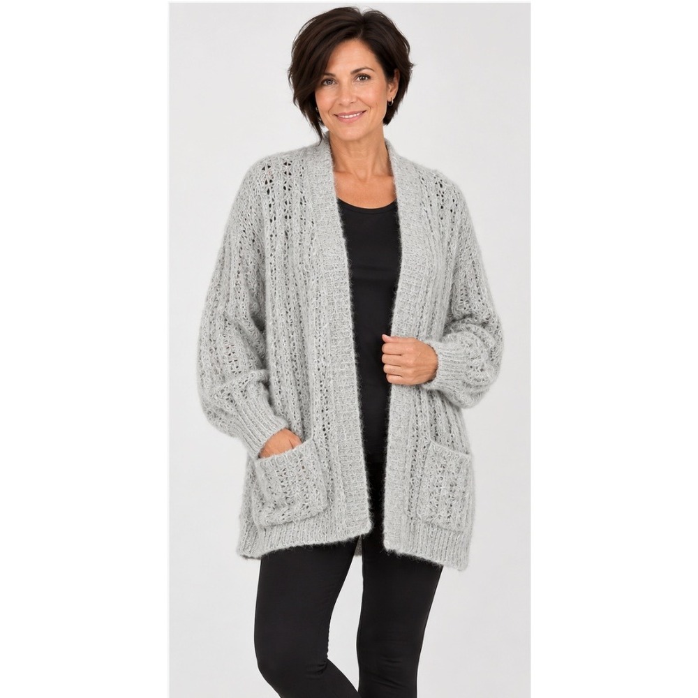t/o Sweaters Open Front Cardigan Women Large Gray Pointelle Eyelash Knit